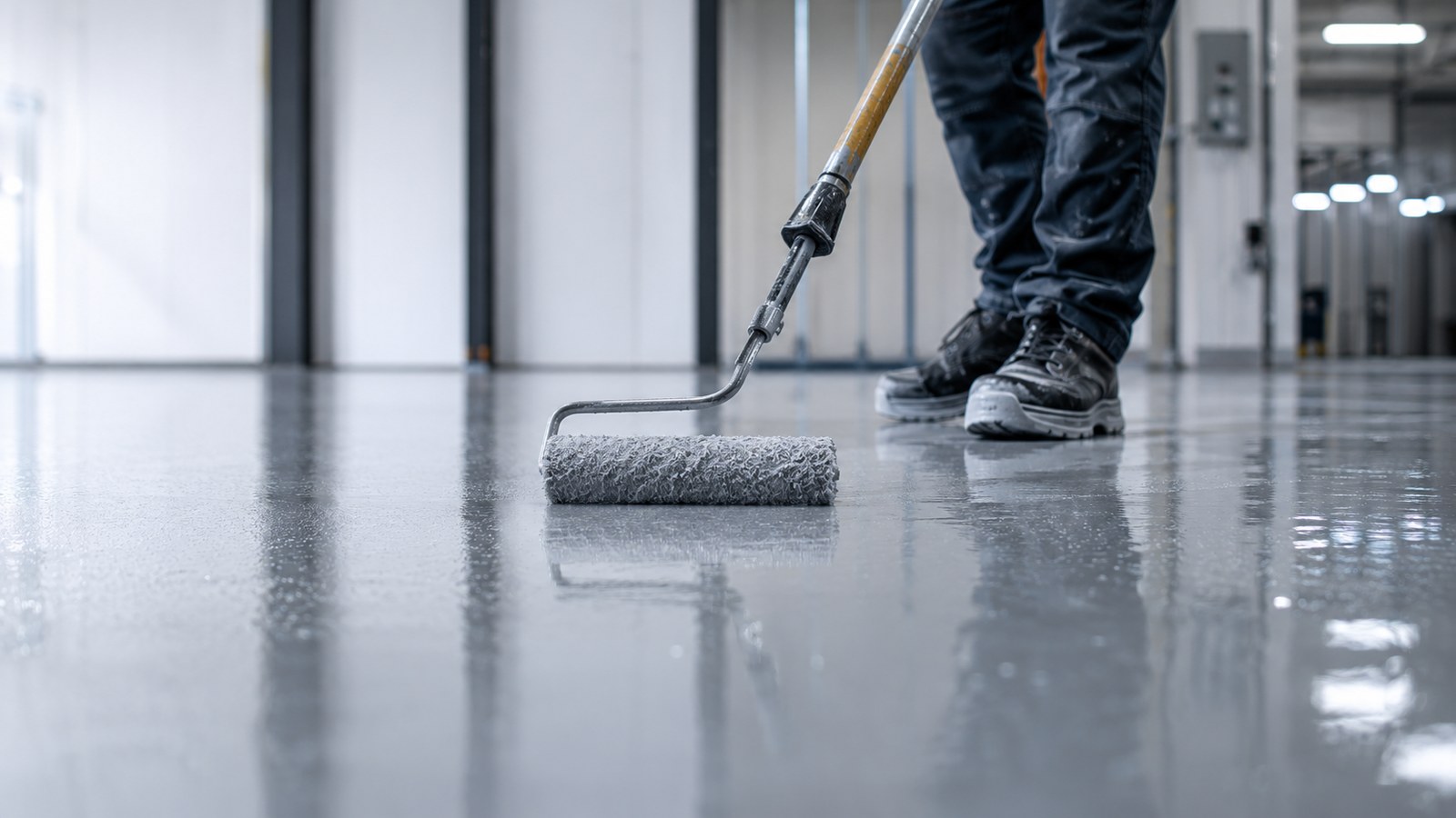 Vakman brengt een naadloze gietvloer aan met roller